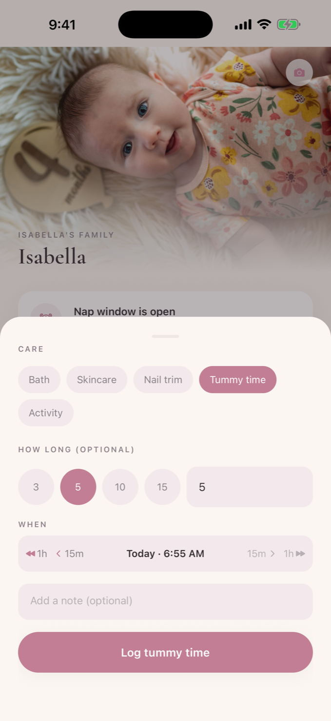 The Care sheet: Bath, Skincare, Nail trim, Tummy time and Activity, with Tummy time chosen and an optional how-long
