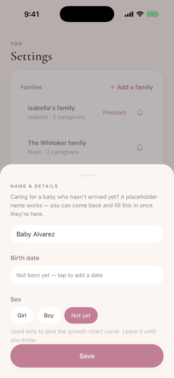 The Name & details sheet in Milk Monster with a placeholder name, birth date reading Not born yet, and sex set to Not yet