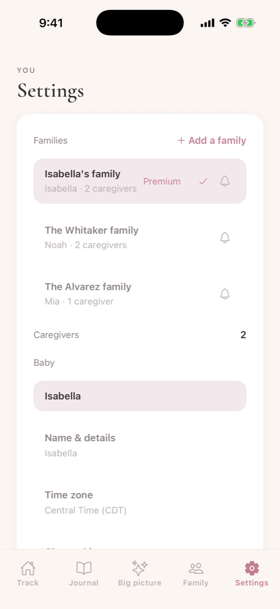 Milk Monster Settings showing three families — Isabella's family, The Whitaker family and The Alvarez family — under one caregiver account