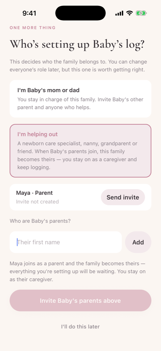 The setup screen asking who is setting up the log, with “I’m helping out” chosen and a pending parent invite for Maya ready to send