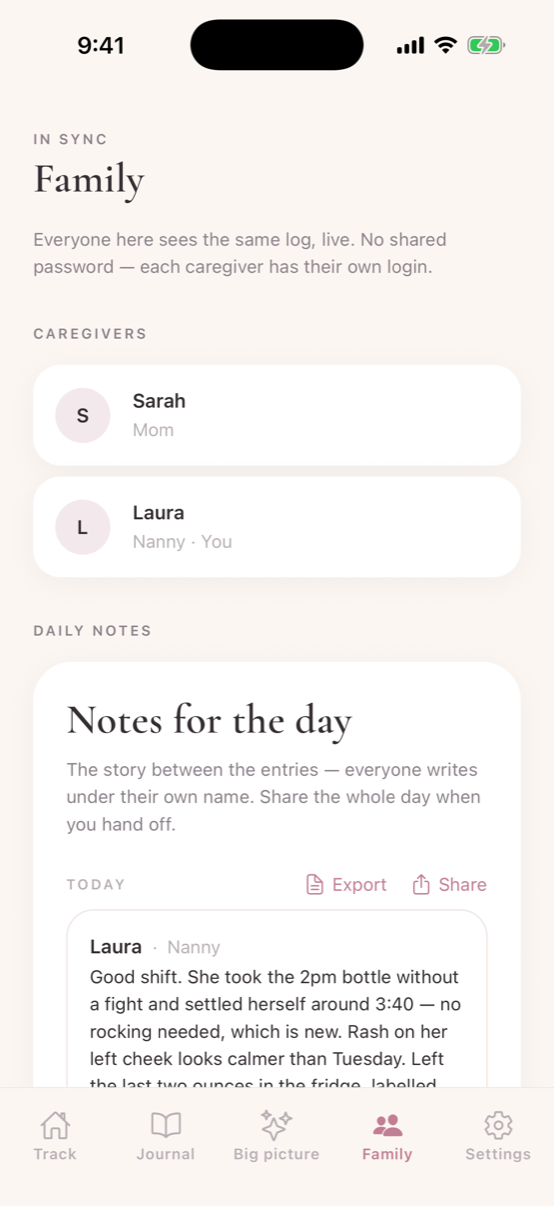 The Family screen listing Sarah (Mom) and Laura (Nanny), above a note for the day written by Laura