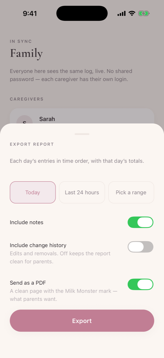 The export sheet offering Today, Last 24 hours or a custom range, with toggles for notes, change history and PDF